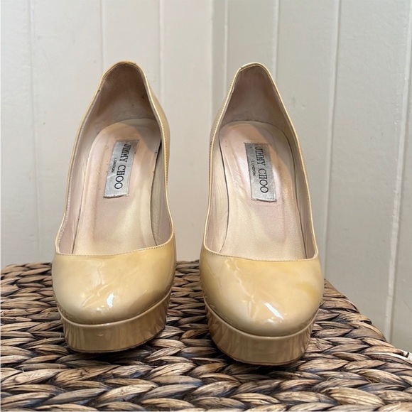 Jimmy Choo Patent Leather Cosmic Platform Heels in Nude Cream Beige - Picture 5 of 16